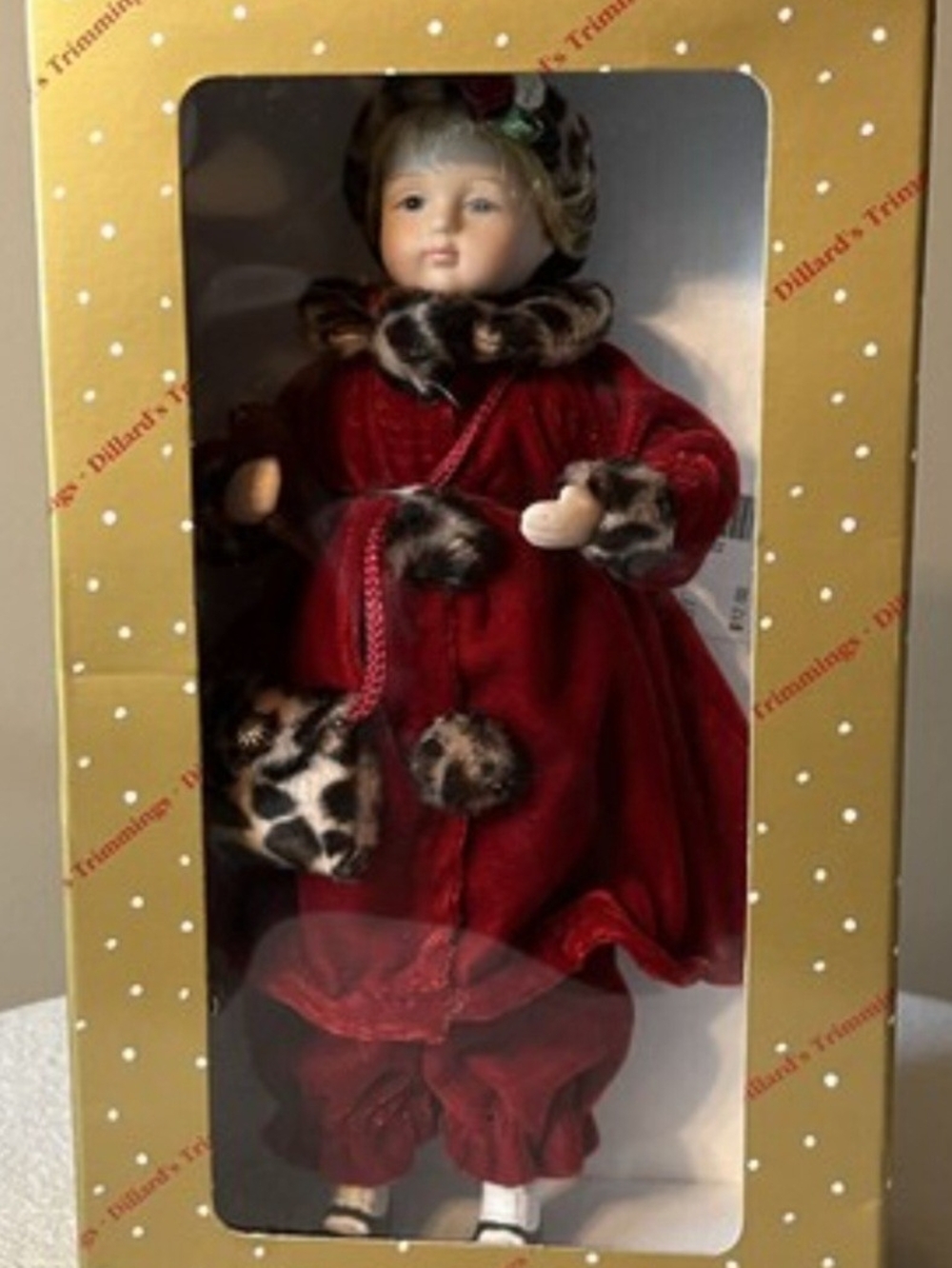 Vintage Dillards Red Velvet Holiday Doll with Leopard Trim